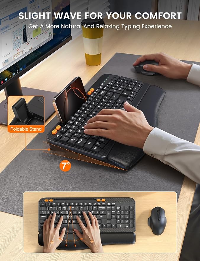 Wireless Keyboard and Mouse Combo, Ergonomic Wave Keys, Cushioned Palm Rest, Rechargeable, Phone Holder, Natural Typing, 2.4G Lag-Free, MA22 Plus Full Size Keyboards Set for Windows/Mac -SABLUTE