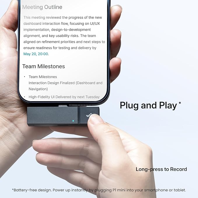 HiDock P1 mini AI Voice Recorder: Smart Voice Recorder Work with Wireless Earbuds for Meeting Lectures Calls BlueCatch Tech Digital Audio Recorder Transcription Summary HiNotes APP Control 32GB
