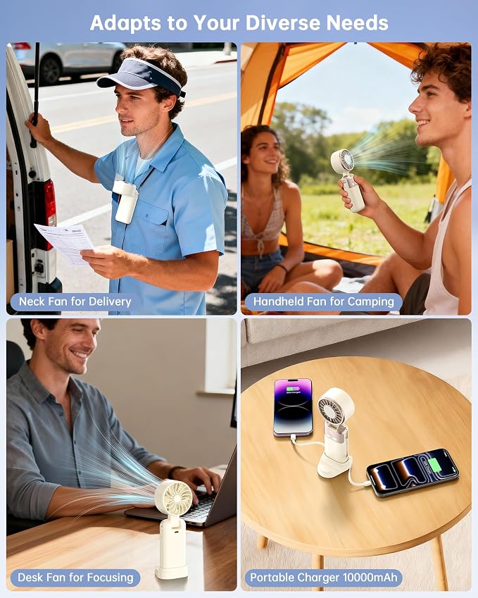 Portable Handheld Personal Fan with USB-C & iOS Cables 5V/2.4A Fast Charging for Cellphone/Tablet, 20H Cooling Time, Foldable Design with Phone Stand for Camping Travel Outdoor (1, Beige)