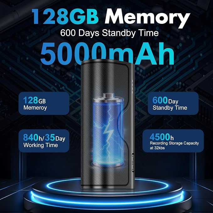 128GB Magnetic Voice Activated Recorder,5000mAh Long Lasting Battery for 35 Days Continuous Recording,360° Omni-Directional Mic,Discreet No-Light Digital Voice Recorder & Audio Recording Device