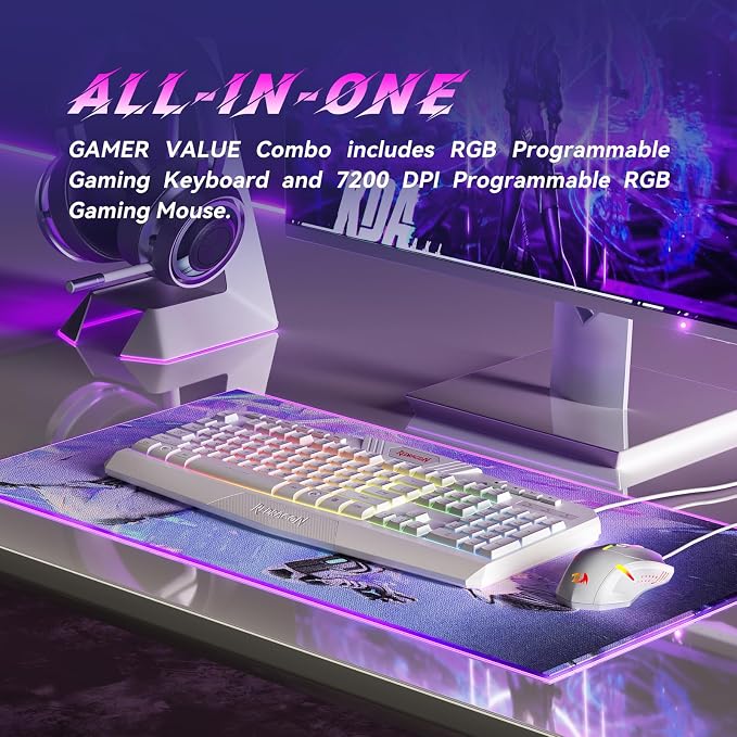 Redragon Updated Programmable Gaming Keyboard and Mouse, RGB Backlit Keyboard Mouse with Software, Independent Macro Record Keys, Value Combo Set, White - S101-3 PRO