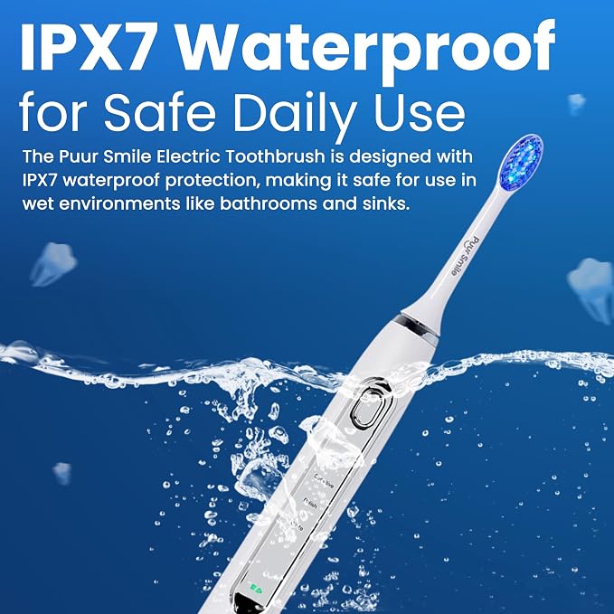 Soft Bristle Electric Toothbrush, Rechargeable with Wireless Charging by Puur Smile - 2 (Blue led) Brush Heads for Adults | 4 Cleaning Modes with Smart Timer, IPX7 Waterproof, Long-Lasting Battery