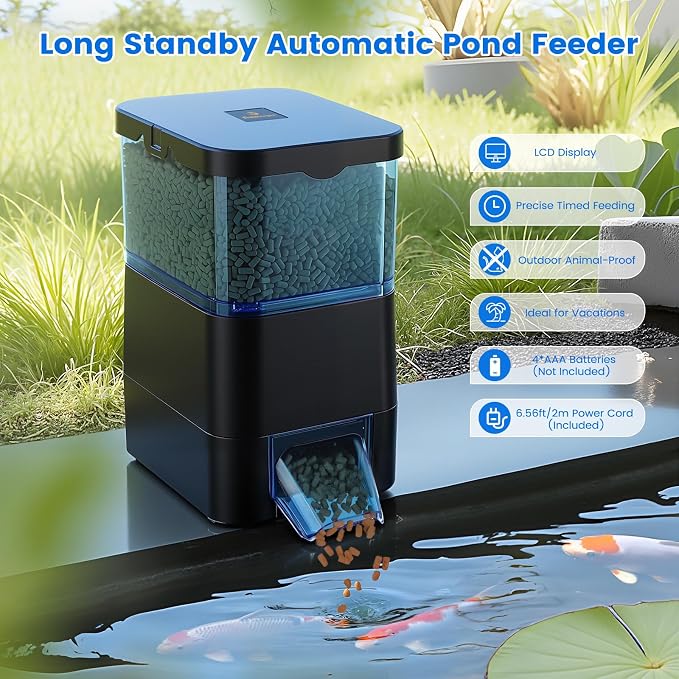fishkeeper Automatic Fish Feeder for Pond - Weather-Resistant and Tip-Proof Design Precision Feeding for Vacation Dispenser with Timer, Outdoor Koi Fish Feeder, 2.8L LCD Display (Blue)
