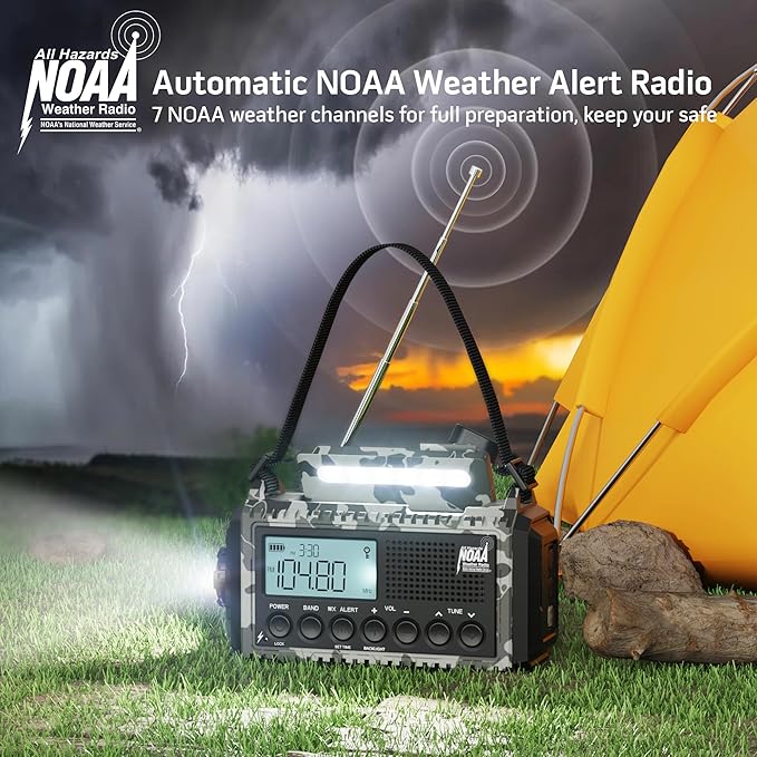 NOAA Emergency Weather Radio Camouflage 5-Way Powered 12000mAh, Crank Radio Flashlight Cell Phone Charger Am Fm Radio Portable