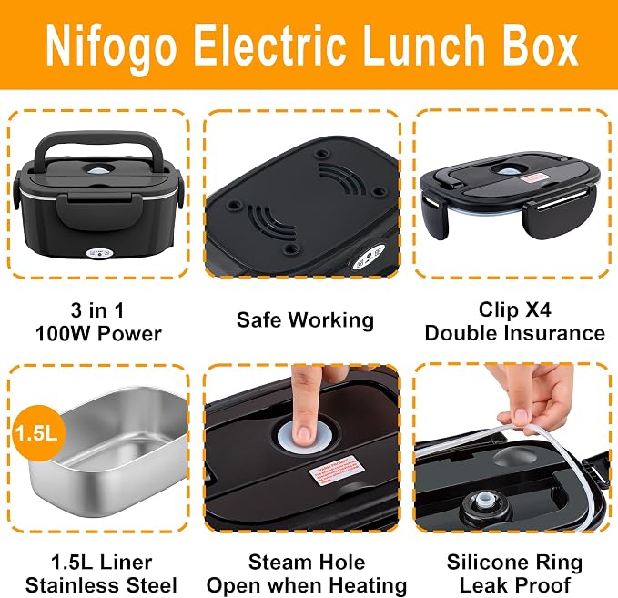 Nifogo Electric Lunch Box for Adults 100W 1.5L Portable Heated Lunch Box for Men 3 in 1 Portable Food Warmer 110V/12V/24V Removable Stainless Steel Container & Big Bag
