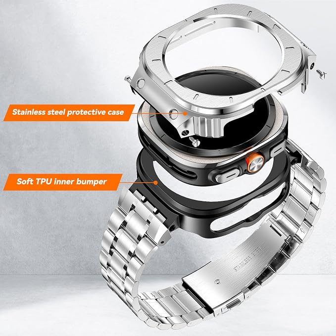 BAITEYOU Stainless Steel Bands with Case Compatible with Samsung Galaxy Watch Ultra 2/1 47mm (2025 2024), Rugged Protector Cover Metal Band for Galaxy Watch 7 8 Ultra for Men (Silver)