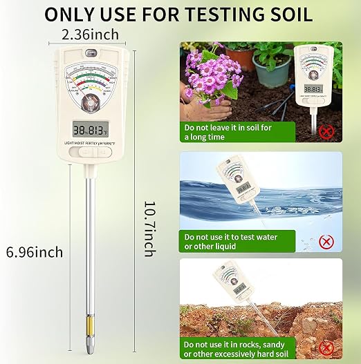 Soil Test Kit, 7-in-1 Soil Moisture Meter, Dual Screen Soil Tester, Moisture/pH/Temperature/Sunlight/Air Humidity/Fertility, Perfect for Farming, Gardening, Lawns, Outdoor-Lvory White