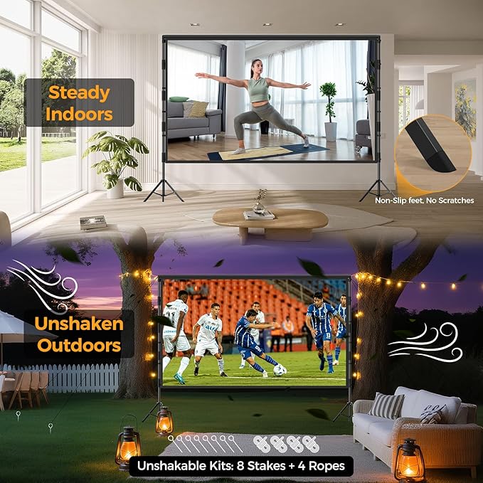 Outdoor Projector Screen with Stand: VOOPVOR 120 inch Portable Projector Screen Indoor - Upgraded Movie Screen 16:9 4K HD - Wrinkle-Free Lightweight Projection Screen with Carry Bag for Backyard Night