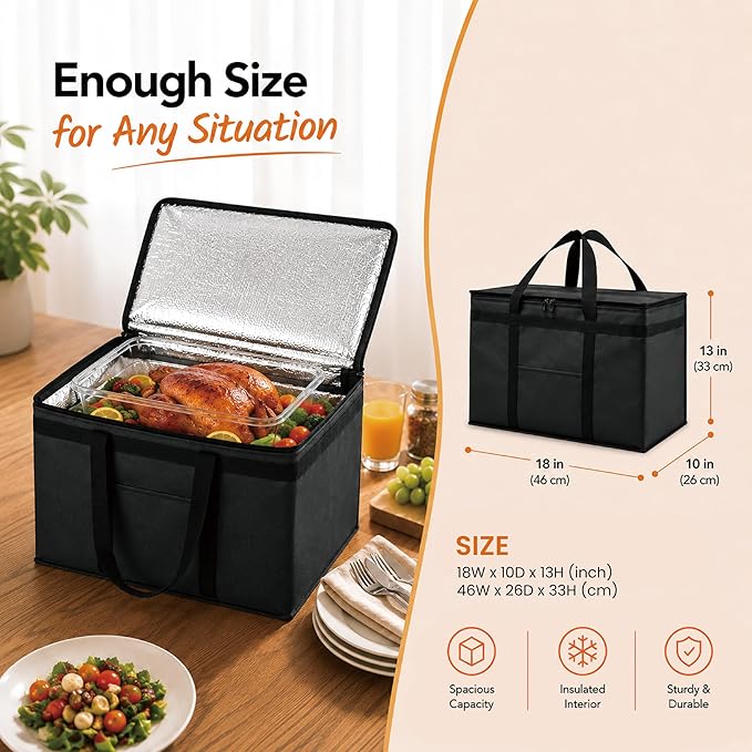 Insulated Bags for Food Delivery (XL Plus) Grocery Shopping Cooler Bag, Pizza Delivery, Hot & Cold Catering Tote, Reusable, Foldable & Heavy Duty (Black)