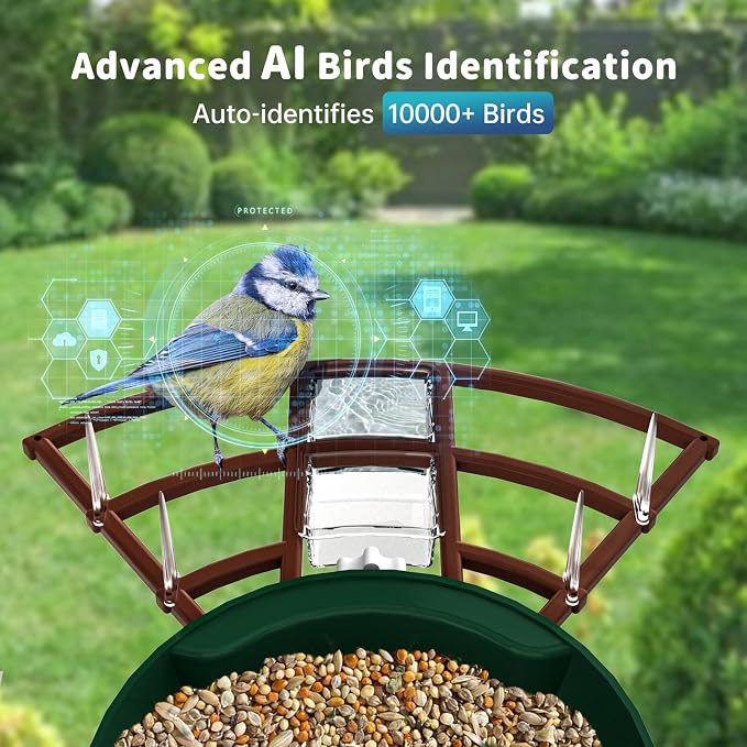 Smart Bird Feeder with Camera Solar Powered & AI Bi rd Identification, 2.4Ghz WiFi Bird feeders for Outdoors, 2K Live Video, Instant Arrival Alerts - Dark red-Green