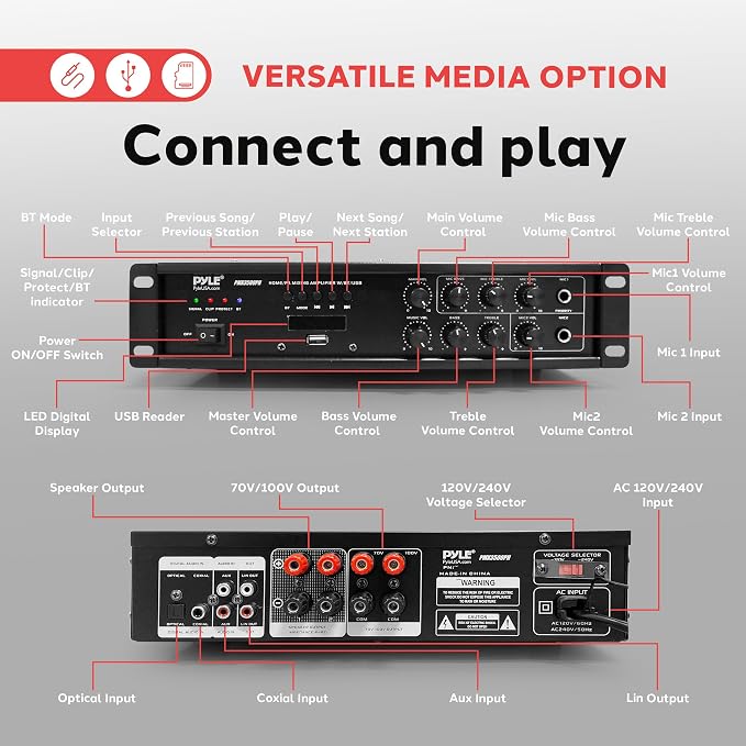 Pyle Bluetooth PA Mixing Amplifier - 500W Home Audio Rack Mount Stereo Power Amplifier, Digital LED Display, USB/AUX/Mic, Optical/Coaxial, AC-3, 70V/100V Output - PMX3500PH