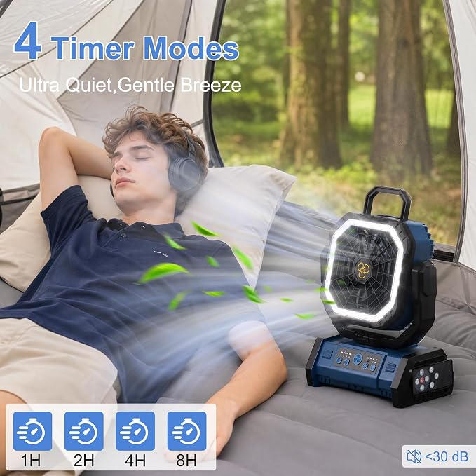 Honesorn 20000mAh Portable Rechargeable Fan, Camping Fan with LED Light & Remote, USB C Cordless Battery Powered, 4 Speeds Timer Hanging Hook for Travel Tent Outdoor Essentials, Navy Blue