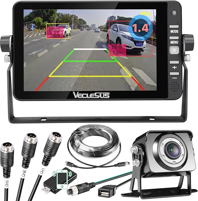 Backup AI Camera for Trucks,VAS Wire Reversing AI Camera System 7-inch 1080P HD Monitor 3 Video 2 Audio Inputs with Automatic Pedestrian&Vehicle Detection,Adjustable Reverse Guidelines