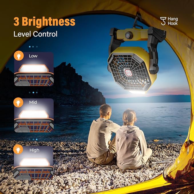 JINLICTE Solar Fan with LED Lantern, Camping Fan with 7W Solar Panel, Rechargeable Solar Powered for Outside, Quiet Battery Operated Tent for Picnic, Barbecue, Fishing, Travel
