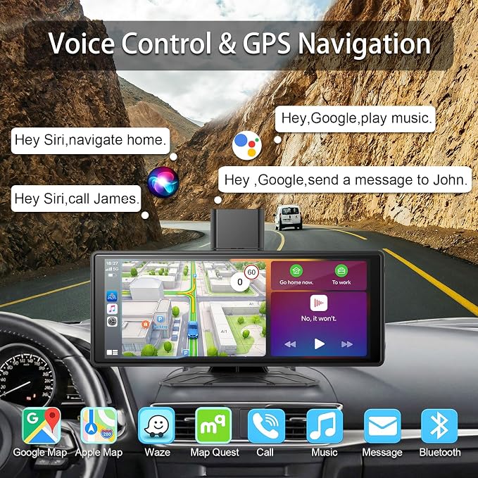 Wireless Carplay Screen for Car,10.26" Portable Apple Carplay and Android auto，4K Dash Cam with Rotatable Lens, 1080P Backup Camera, GPS Navigation, Mirror Link, Siri & Voice Control