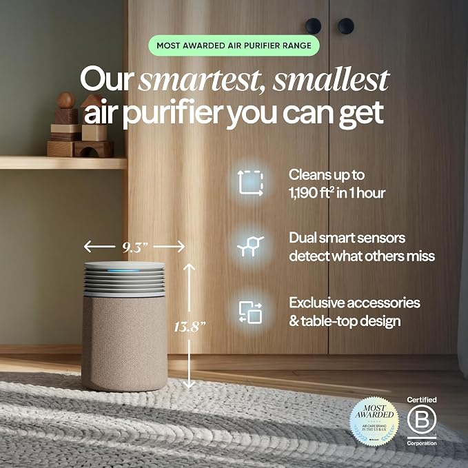 BLUEAIR Blue Signature Small Smart Air Purifier for Bedroom, Home & Office, HEPASilent Air Cleaner for Pets, Allergies, Dust & Smoke, Cleans 1,190 Sq Ft Per Hour, Quiet HEPA Air Purifier, App Control