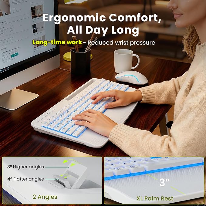 White Keyboard and Mouse Wireless Combo, 4000mAh Rechargeable Backlit Quiet Keyboards mice Set, USB Ergonomic Key Board with Wrist Rest & Phone Holder for PC, Mac, Windows, Natural Soft Typing
