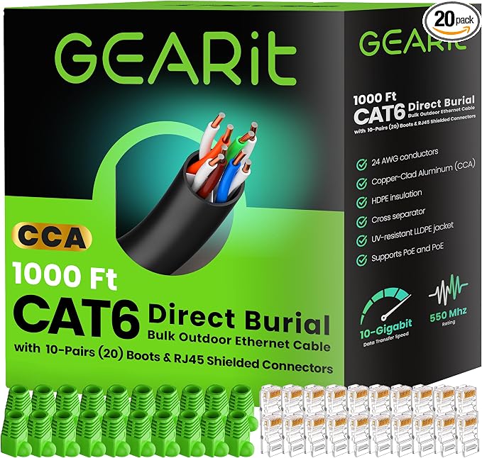 GEARit RJ45 Cat-6 Ethernet Patch Cable, DIY Bulk Kit (20 RJ45 & 20 Boot), 10Gpb Transfer Speed, Gold-Plated Connector, Copper Clad, Outdoor, UV Resistant, Direct Burial, Waterproof, 1,000 Foot, Black