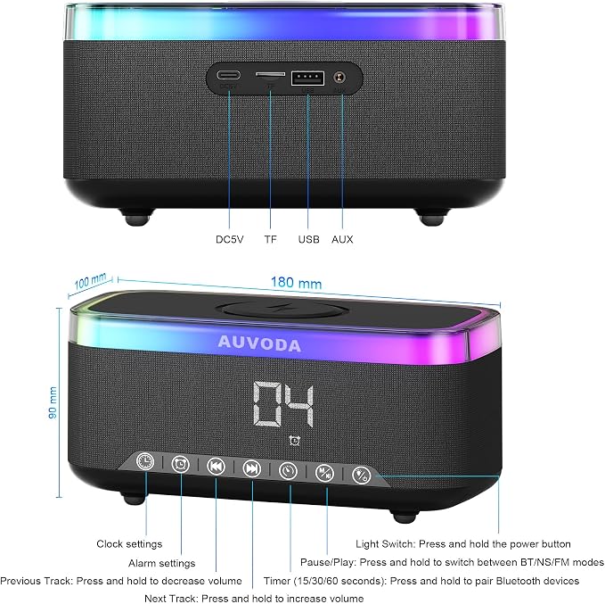 S300 Portable Bluetooth Speaker, 16 W Stereo, BT 5.3, TWS Pairing | 15 W Wireless Charging, 13-Color Night Light, Alarm Clock, TF AUX Inputs, Ideal for PC Smartphone Home Bedroom Office