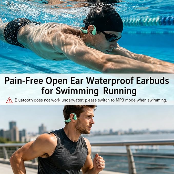 Swimming Headphones Underwater, Bone Conduction Swimming Headphones IPX8 Waterproof Open Ear Headphones with 32GB Built-in MP3, Bluetooth 6.0 Dual Mode, Dual Device Pairing, Magnetic Charging(Green