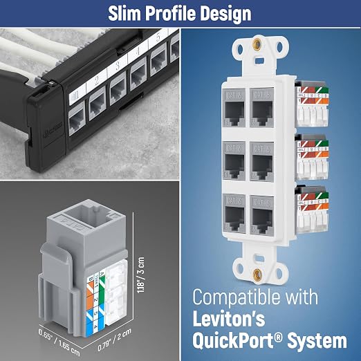 Everest 90° Angled RJ45 Cat6 Keystone Jacks 10-Pack in Gray - Slim Profile Female RJ45 Connectors - Cat 6 Keystone Jack - Compatible with 90° Angled Speed Termination Tool - easyJACK (B094WB91H3)