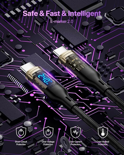 240W USB C to USB C Transparent Cable with LED Display Compatible with 140W 100W Fast Charging for MacBook Pro,lPhone 16/15/15Pro/15ProMax,Galaxy S23+/S23Ultra/S22,10ft,Black