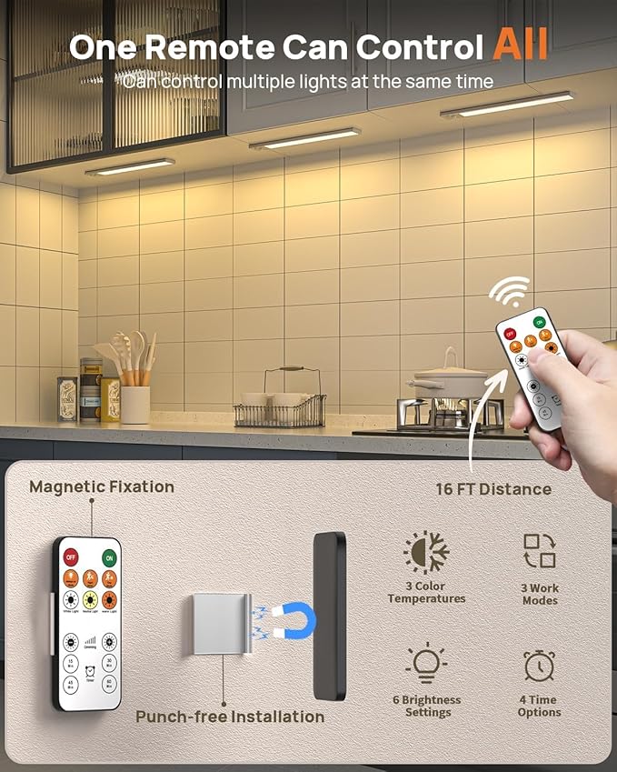 16in Under Cabinet Lighting with Remote, LED Motion Sensor Light Indoor, Rechargeable Closet Lights Wireless, Dimmable, 3 Color Temps, Magnetic Under Counter Lights for Kitchen, Pantry, Stair, 3 Pack