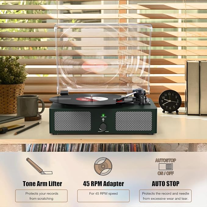 Vinyl Record Player with Built-in Speakers and USB,Belt-Driven Bluetooth Turntable with 3 Speed AUX Input Headphone Jack and RCA Output Vintage Wooden DarkGreen