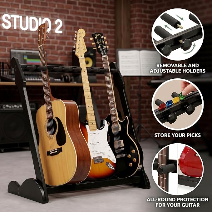 Guitar Stand Rack, Multi-Guitar Display Rack Adjustable Bamboo Guitars Holder Electric Guitar Stands Floor Storage for Bass Acoustic, Home Studio, Band Stage (Black-B)