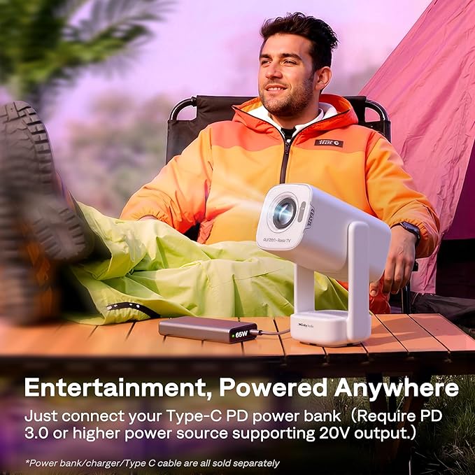 Aurzen Roku TV USB-C Powered Smart Portable Projector with Wifi and Bluetooth, D1R air Roku TV Built-in, Native 1080P, DoIby Audio, Mini Projector for Home, Soccer Game/Outdoor Movies, White