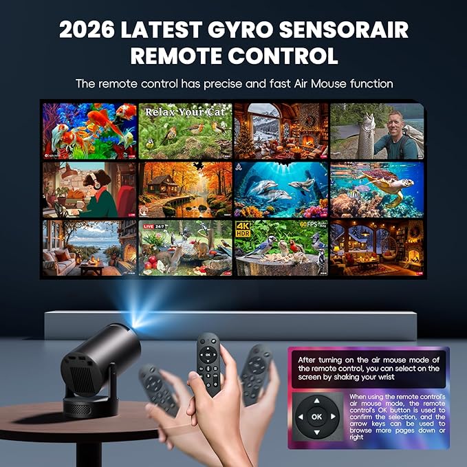 [Built-in Apps & 2026 Upgraded] Mini Projector with WiFi 6 and Bluetooth 5.4 Support 4K 1080P Auto Keystone 180° Rotatable Projector Portable Compatibile with HDMI/TV Stick/Memory Stick/Laptop, Dark