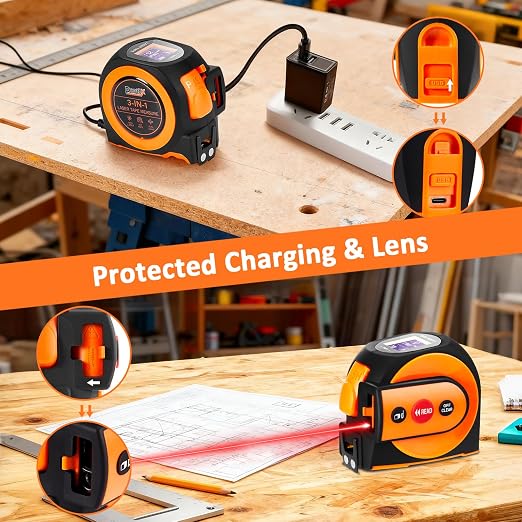3-in-1 Laser Tape Measure, 197ft Laser Distance Meter, 16ft Digital Tape Measure, Digital Level, Pythagorean/Area/Volume, Rechargeable, Ft/Ft+in/in/M Units, 40 Data Sets