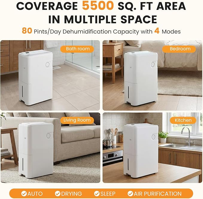 80Pints Dehumidifier with Drain Hose, 5,500 Sq.Ft Dehumidifier for Basement, 5L/1.32 Gallon Tank, Energy Star Cert. 42dB, Humidity Display Ring, Humidity Remover for Home, Bedroom & Bathroom