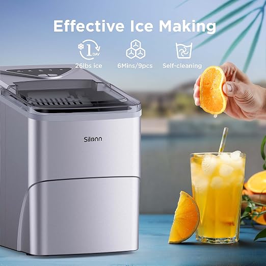 Silonn Ice Makers Countertop, 9 Cubes Ready in 6 Mins, Self-Cleaning Ice Machine with Ice Scoop and Basket, 26lbs in 24Hrs, 2 Sizes of Bullet Ice for Home Kitchen Office Bar Party, Sliver