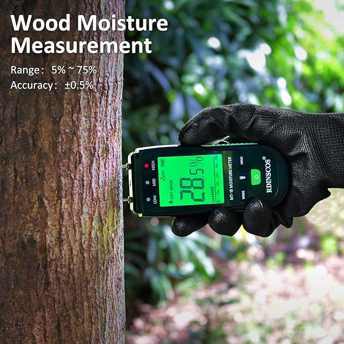 RDINSCOS Digital Wood Moisture Meter | Firewood and Lumber, Replaceable pins, Wall and Building, Humidity Tester,Built in Flashlight