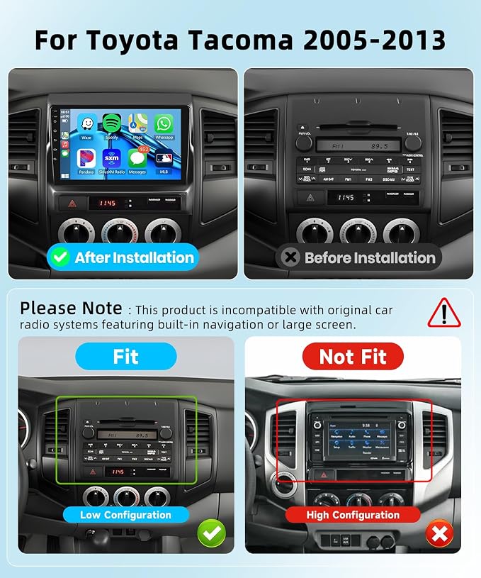 8 CORE 4G+64G Car Radio for Toyota Tacoma 2005-2013 with Wireless CarPlay/Android Auto, Podofo 9 Inch 1280 * 720P IPS Touch Screen Stereo Android 13 GPS WiFi Bluetooth DSP SWC + HD Backup Camera