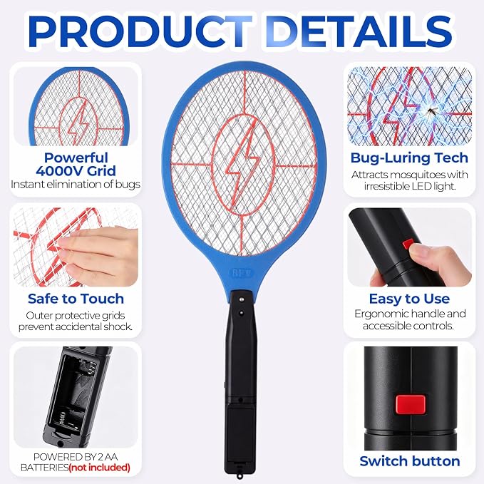 8 Pack Electric Fly Swatter, 3000V Bug Zapper Racket for Indoor Pest Control Mosquito Zapper for Indoor Outdoor Battery Operated Flies Killer 3-Layer Safety Mesh AA Battery Powered, Not Included