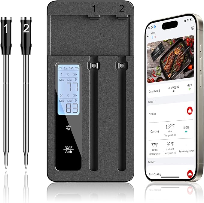 ROUUO Smart Wireless Meat Thermometer with Dual Probes - Advanced Bluetooth Cooking Thermometer for Perfect Grilling, Smoking, Oven Roasting & Air Frying, Long Range Monitoring & Smart Alerts（Black