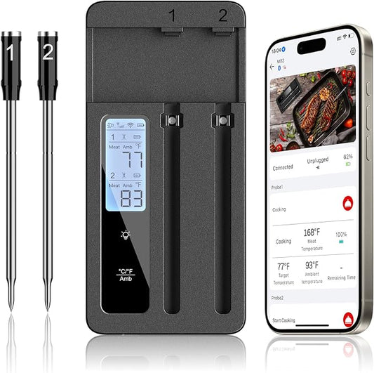 ROUUO Smart Wireless Meat Thermometer with Dual Probes - Advanced Bluetooth Cooking Thermometer for Perfect Grilling, Smoking, Oven Roasting & Air Frying, Long Range Monitoring & Smart Alerts（Black