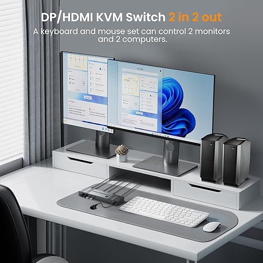 8K@60Hz HDMI+DP KVM Switch with 4-Port USB 3.0 Hub Dual HDMI Monitor KVM Switch for 2 Computers Supports Extended/Copy Mode, Keyboard & Mouse Sharing, Includes USB Cables & Remote Controller