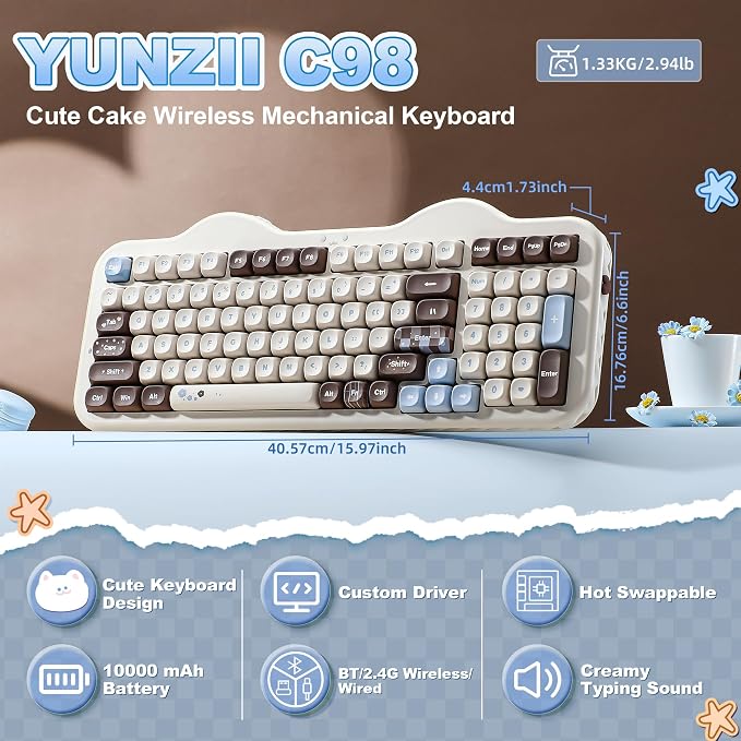YUNZII C98 Wireless Mechanical Keyboard with Number Pad,98 Key BT5.0/2.4G/USB-C Hot Swap Gasket Mount with PBT MOA Keycaps,Custom RGB,Cute Cake Keyboard for Win/Mac (Choco, Candy Linear Switch)
