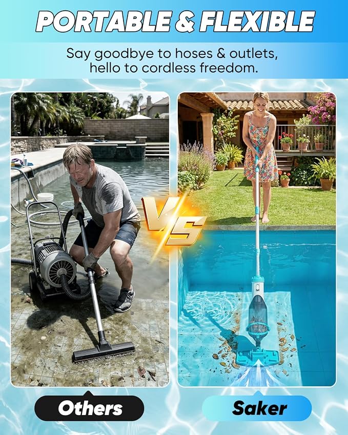 Saker Handheld Pool Vacuum for Above Ground Pool, Cordless Pool Cleaner with Telescopic Pole, 18.5 GPM Powerful Suction, 60-Min Runtime Rechargeable for Inground Pools, Spas, Hot Tubs