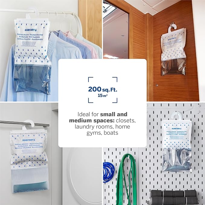 HUMYDRY Hanging Moisture Absorber for Closets, Pack of 6 Unscented 15.9 Oz Dehumidifier Bags, Each Bag Lasts 3 Months, Fights Summer Humidity, Non Electric for Wardrobes & Storage