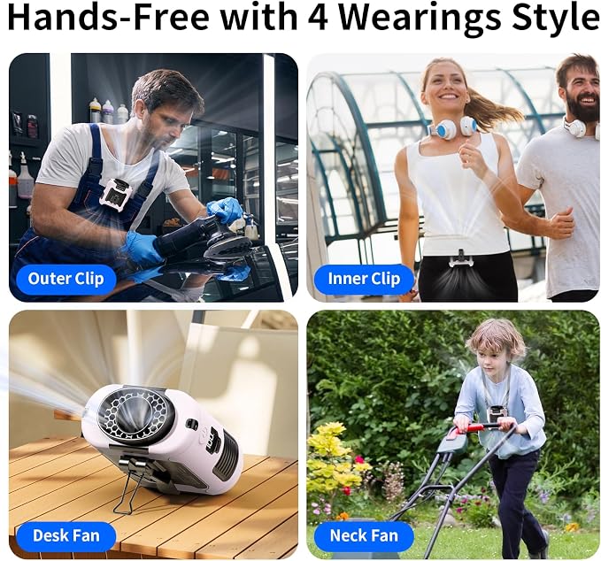 Socool 10000mAh Portable Waist Fan Clip On Personal Fans Rechargeable, 40H Cooling Wearable Belt Shirt Fan with 5 Speed Wind Adjustable & LED Light, Hanging Neck Fan for Outdoor Jobsite Camping
