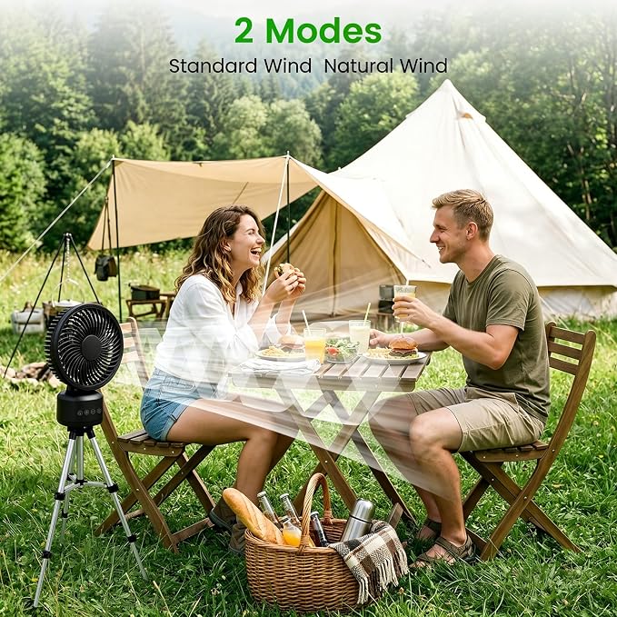 Camping Fan – Portable Rechargeable Fan with Auto Oscillation, Type-C Charging, LED, 4 Speeds, Remote & Timer Freestanding, Wall Mount, Hanging, Tripod Stand for Indoor, Outdoor, Tent, Travel, Jobsite