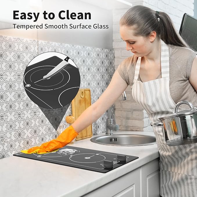 VBGK electric hob,Built-in Design and Countertop Stove Top with Knob Control&Touch Control,9 Power Level, Timer & Kid Safety Lock,220V 2100W 2 burner electric hob