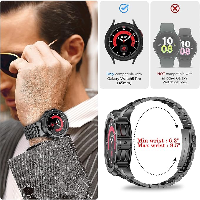 SUPLINK Stainless Steel Case and Bands Compatible Galaxy Watch 5 Pro Band 45mm, Adjustable Solid Metal Protective Rugged Case Bamd for Samsung Galaxy Watch 5 pro Men Business, Space Grey