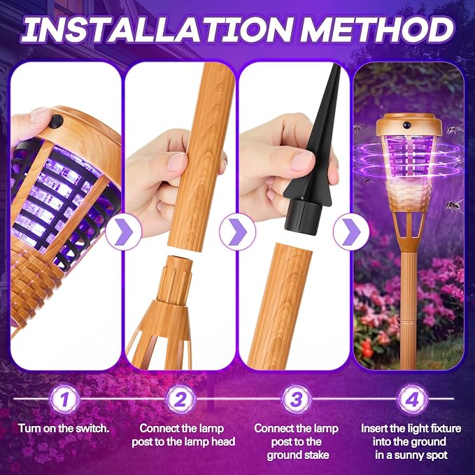 4 Pcs Solar Bug Zapper Outdoor, Torch Zapper Lights Waterproof Mosquito Killer Lamp with Auto On/Off Lighting,Purple Bug Light and White Ambient Light for Garden Patio Yard Balcony(Orange)