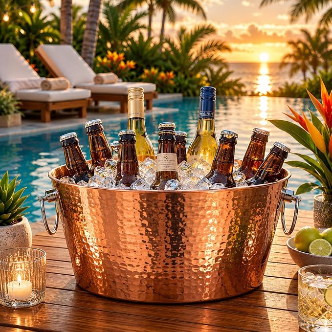 BREKX Insulated Rose Copper Double Walled Ice Bucket for Parties, Anchored Wine Bucket/Large Ice Bucket with Handles, Drink Cooler for Parties, 12 Quarts (3 Gallon)