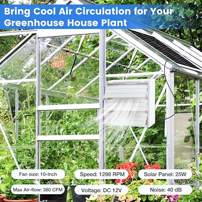 Fanspex Solar Exhaust Fan, Solar Powered Vent Fan Kit for Outside Greenhouse Shed Chicken Coop (10" Fan)